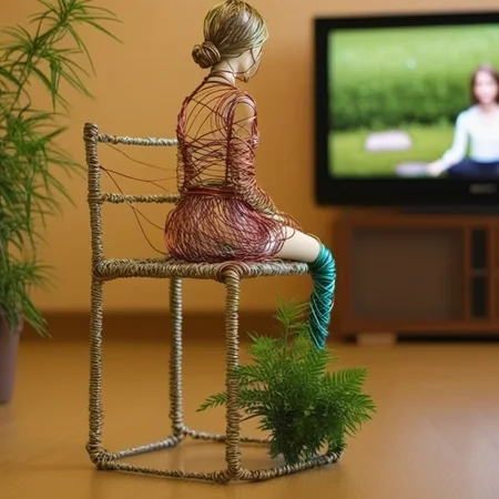 wire art, The girl sits watching the audience, closeup, the TV, the plants <lora:éä¸èºæ¯:0.7>