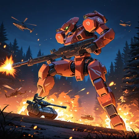 night-time, forest setting, city line in the distance, burning trees, small soldiers, masterpiece, best quality, amazing quality,  detailed background, embers, raging fires, mecha, mechwarrior style, Angular head, humanoid arms, heavily armored body, well proportioned body, smooth metal, slinging rifle over shoulder, crushing tank in its hand, mono eye, glowing Green eye, Red colored mech, side view, heavily armored humanoid legs, on one knee, shoulder mounted missile pods on the mechs shoulders, large booster pack, wide legs, leg boosters, Detailed hands, Wrecked vehicles, destroyed tanks, helicopters flying in the air, mech focus, running while firing, artillery tanks firing overhead, aerial explosions, busty women running in the field