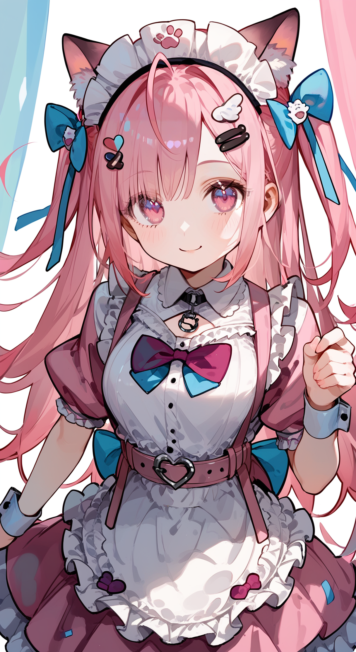 score_9, score_8_up, score_7_up, 1girl, solo, looking at viewer, smile, blush, foreshortening, <lora:yuuki_sakuna_pony:0.96>, yuuki sakuna, animal ears, pink hair, cat ears, maid headdress, long hair, hair ornament, bow, animal ear fluff, ahoge, bangs, two side up, cat hair ornament, hair bow, hairclip, blue bow, pink eyes, apron, short sleeves, dress, puffy short sleeves, frills, heart, puffy sleeves, white apron, maid, pink dress, wrist cuffs,