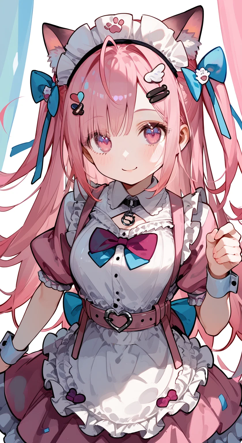 score_9, score_8_up, score_7_up, 1girl, solo, looking at viewer, smile, blush, foreshortening, <lora:yuuki_sakuna_pony:0.96>, yuuki sakuna, animal ears, pink hair, cat ears, maid headdress, long hair, hair ornament, bow, animal ear fluff, ahoge, bangs, two side up, cat hair ornament, hair bow, hairclip, blue bow, pink eyes, apron, short sleeves, dress, puffy short sleeves, frills, heart, puffy sleeves, white apron, maid, pink dress, wrist cuffs,