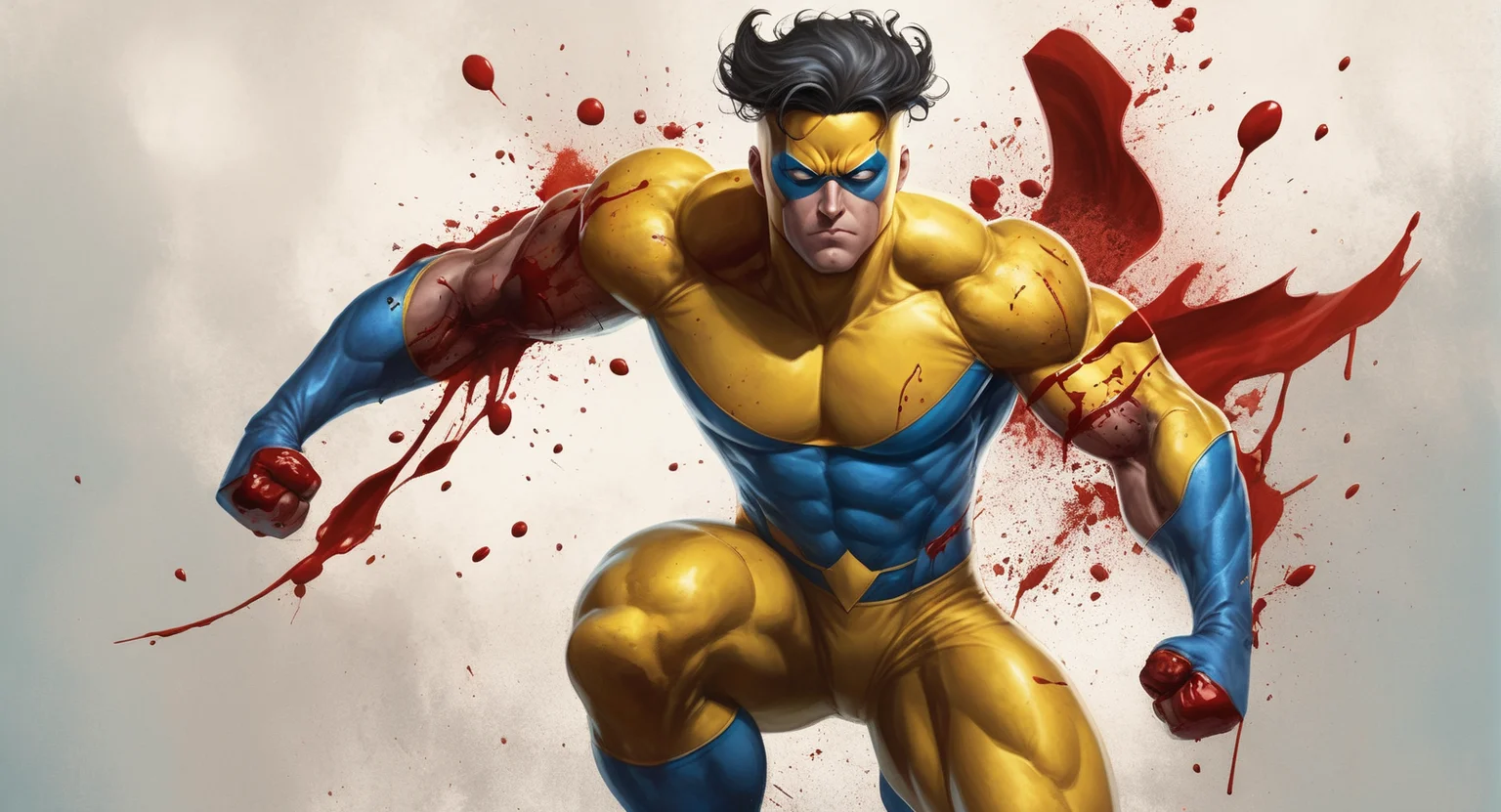 concept art of <lora:Invincible:1.5>
Invincible a man in a torn yellow superhero costume and blue boots with a bloody arm and a fist and squishy blood all over him with a bodybuilding ribbed body and a broken oval white eyes , digital artwork, illustrative, painterly, matte painting, highly detailed