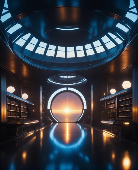 masterpiece, high quality, a reij-ebsu library, retro sci fi steampunk sunrise  <lora:ebony sunset-000001:0.9>