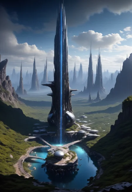 A futuristic cityscape at dusk. The central focus is an immense, towering skyscraper with a sleek, reflective surface that reflects the soft, ambient light of the setting sun. The building's design is futuristic, with a tapering top and a complex, organic base that seems to blend seamlessly with the landscape. In the foreground, a serene river runs through a valley lined with lush, green trees. Bridges and elevated walkways connect the base of the skyscraper to the surrounding buildings. The buildings in the foreground are more modest in size, with a mix of glass and metallic facades, indicating modern architecture. In the background, the cityscape stretches into the distance, showcasing a variety of skyscrapers and high-rises, some of which are needle-like, indicating a focus on verticality and density. The sky is a gradient of deep blues and purples, with scattered, fluffy clouds casting shadows on the buildings below. The overall color palette is cool and serene, with the soft lighting enhancing the futuristic, utopian atmosphere of the scene. big white moon in the background