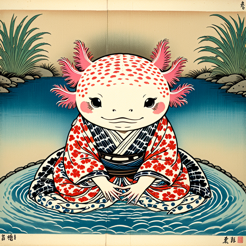 axolotl, kimono, on knees peaceful, koi pond, ukiyo-e, cute, embedding:OverallDetail-SDXL,<lora:Axolotl_SDXL_epoch_14.safetensors:1.0:1.0>