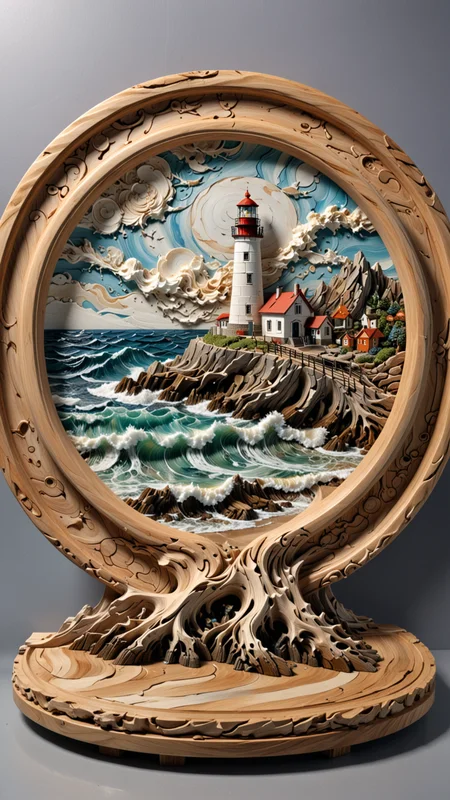 round plate on a display stand, hand Carved, 3D Seascape, abstract art, Carving, EPIC, Marbled Effect, <lora:3D_Framed_Wall_Art_-_By_DICE:0.4>, (3D Framed, Lighthouse), UHD, <lora:Driftwood_Detailed_Art_-_By_DICE:0.8> , driftwood Lighthouse, 3D