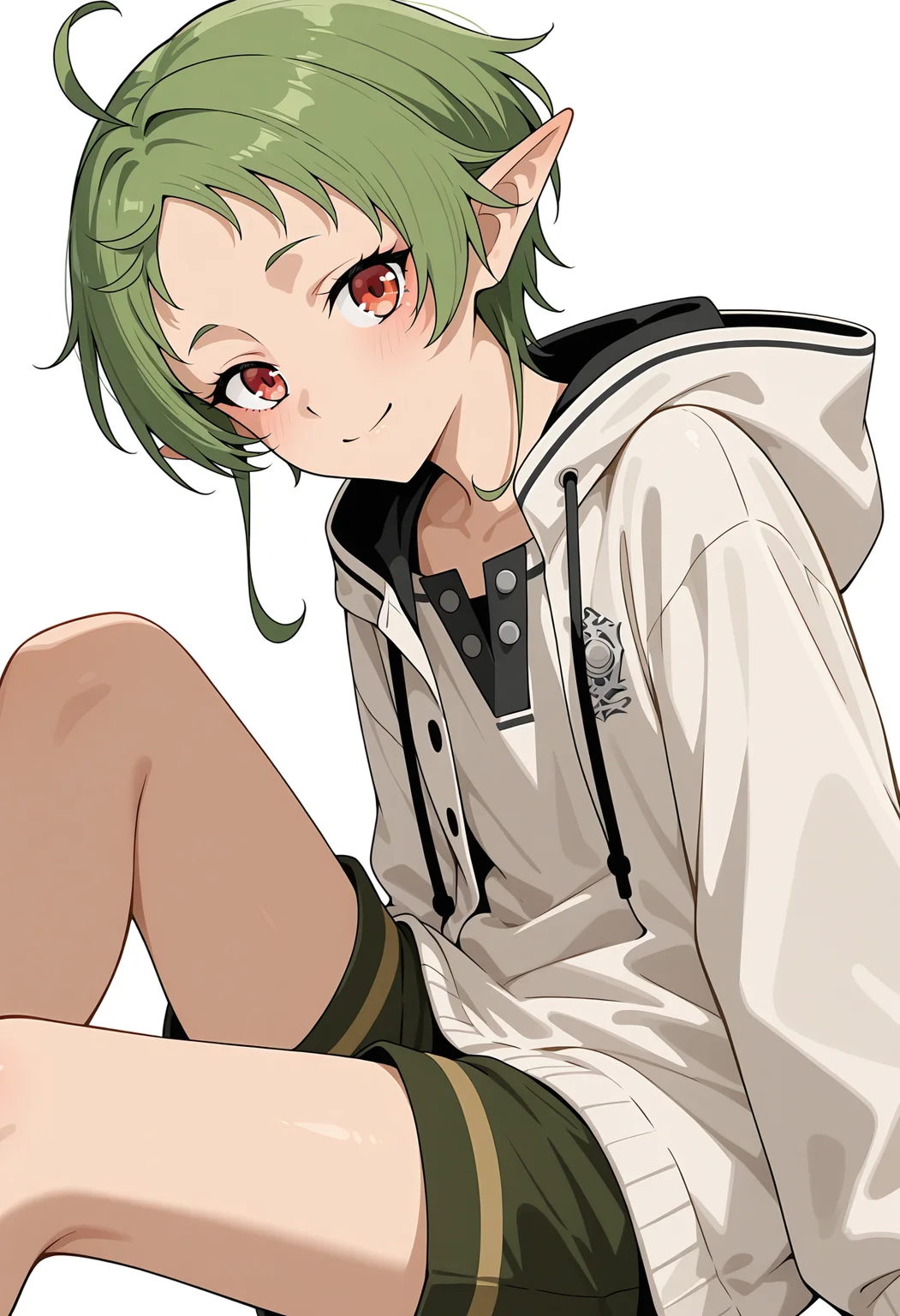 <lora:Sylphiette Greyrat_illustrious-000022:1>,
Sylphiette Greyrat,solo,green hair,white jacket,jacket,smile,hooded jacket,hood,looking at viewer,white background,closed mouth,shirt,simple background,shorts