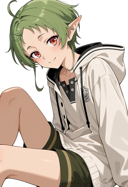<lora:Sylphiette Greyrat_illustrious-000022:1>,
Sylphiette Greyrat,solo,green hair,white jacket,jacket,smile,hooded jacket,hood,looking at viewer,white background,closed mouth,shirt,simple background,shorts