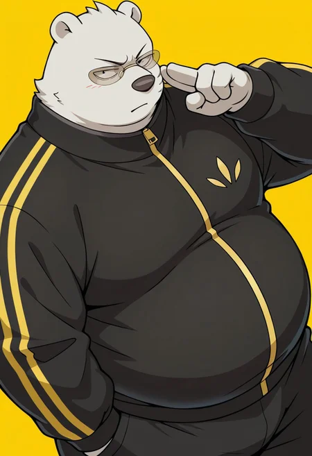 S3k1, detail background, mustard, yellow background, abstract background, shadow view, 1boy, solo, anthro polar bear, male, fat, big belly, overweight, chubby, thin eyebrows, cheek scar, white fur, black eyes, round ears, fluffy short tail, round tail, furry, black tracksuit, black zip-up jacket, yellow stripes, yellow zipper, matching pants, dark sweatpants, yellow accent lines, baggy pants, oval glasses, transparent glasses, gray-tinted glasses, looking at viewer, high angle, serious, hand close-up, side view, perfect View, upper body, two-finger salute