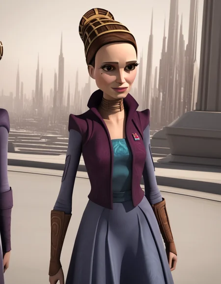 score_9, score_8_up, score_7_up, source_anime,
<lora:clonewars-padme-amidala-s3-ponyxl-lora-nochekaiser:1>, padme amidala, brown hair, brown eyes, realistic, mole, mole under eye, long hair, lips, 3d,
skirt, long sleeves, jacket, hair bun, single hair bun, long skirt, purple jacket,
outdoors, smile,
looking at viewer, cowboy shot, dutch angle, solo,