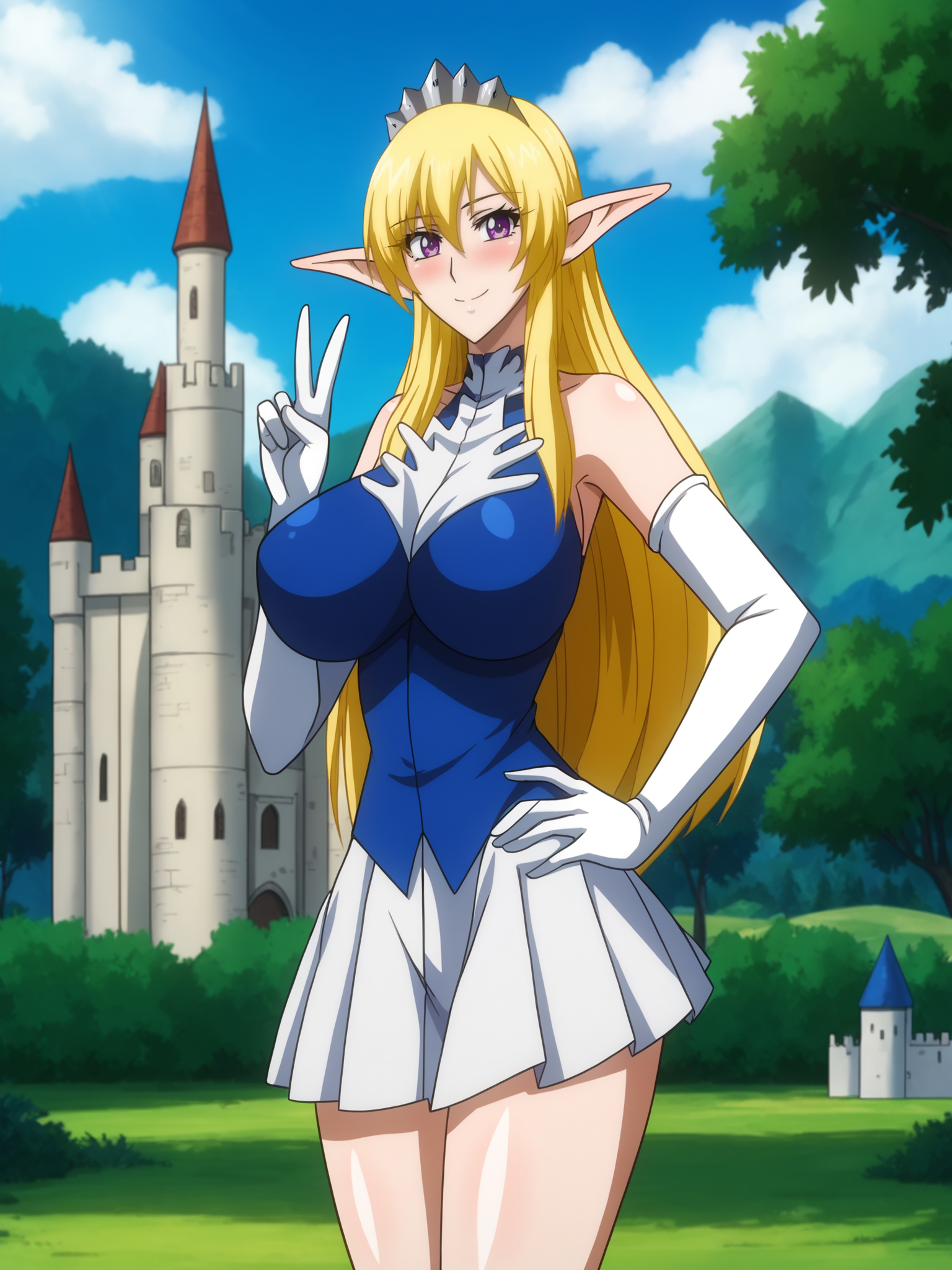 score_9,
NinaAslato, hand on own hip, showing V sign, cowboy shot, 5 fingers,
1girl, elf, solo, solo focus,
looking at viewer, blush, light smile,
blonde hair, long hair, purple eyes, tiara,
turtleneck, short dress, bare shoulders,  elbow gloves, pleated skirt,
curvy, large breasts, thighs,
outdoors, day, meadows, white castle, blue skies,
<lora:Nina Aslato3216PDXL:1>
