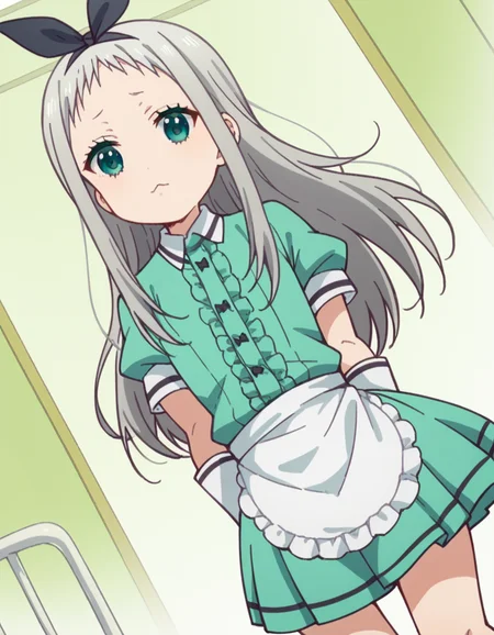 score_9, score_8_up, score_7_up, source_anime, <lora:hideri-kanzaki-s1-ponyxl-lora-nochekaiser:1>, hideri kanzaki, long hair, bow, green eyes, hair bow, grey hair, male focus, hairband, black hairband, otoko no ko, forehead,, gloves, dress, short sleeves, frills, puffy sleeves, white gloves, apron, puffy short sleeves, waist apron, white apron, frilled apron, waitress,, hospital room, bedside, get well flowers, comforting, quiet, , looking at viewer, arm behind back, knee bent, foot pointed, solo,, cowboy shot, dutch angle