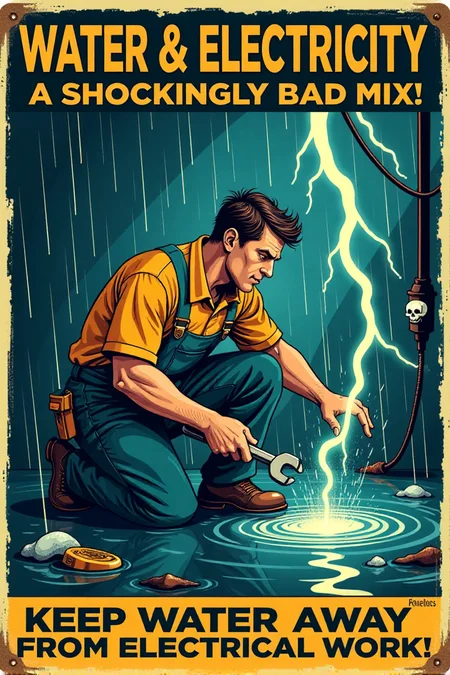 "Vintage safety poster cartoon depicting a worker foolishly attempting to repair electrical wiring while knee-deep in a puddle of water, rain pouring down around him and lightning flashing dramatically in the background. He's holding a wrench and screwdriver, with exposed, sparking wires dangerously close to the water. His hair is standing on end, and a comical skull and crossbones appears momentarily above his head as electricity crackles around him. The sign text in vintage font screams: 'WATER & ELECTRICITY: A SHOCKINGLY BAD MIX! KEEP WATER AWAY FROM ELECTRICAL WORK!' Render in a high-contrast, vintage cartoon style, using dramatic shadows and bright flashes of electricity to emphasize the danger. Utilize a palette of electric blue, warning yellow, and stark black to create visual impact. Visually stunning vintage cartoon, impactful safety message, high detail in rain effects, electrical sparks, and the worker's foolish actions." <lora:REMEs_War_Poster_Style:0.9> In REME's War Poster Style,âââ