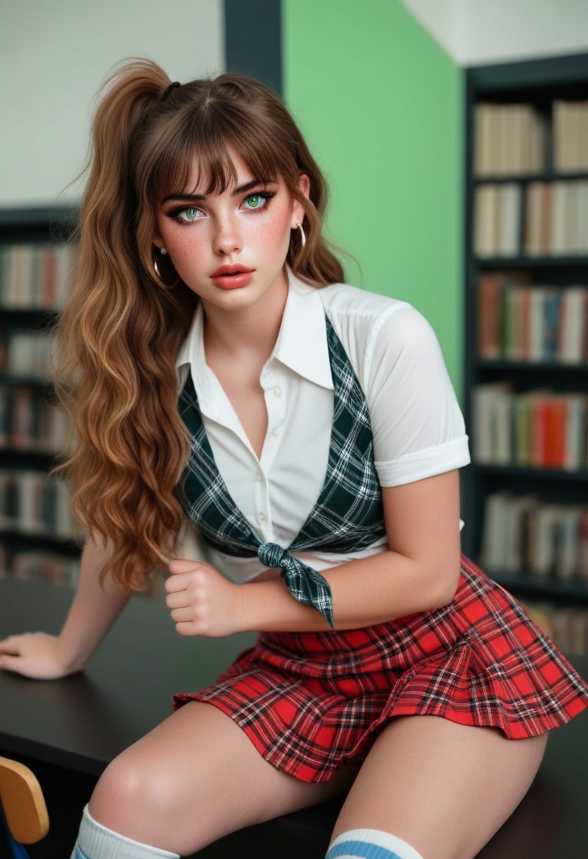 24yo busty R4N1A in library, green eyes, long hair with ponytail, wearing skirt, shirt