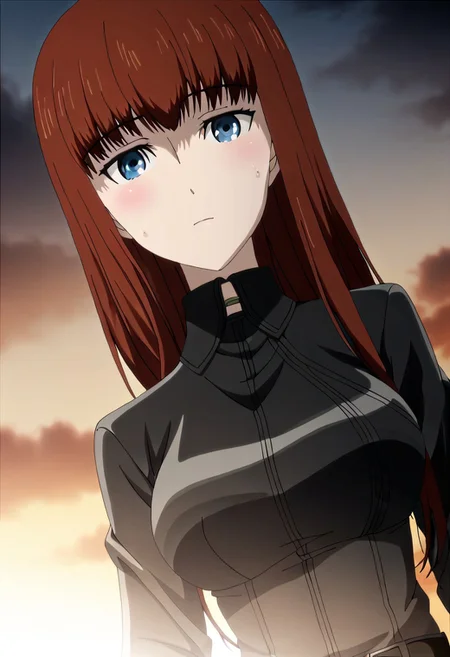 Ultra-high-detailed Anime illustration of Kagari Shiina. The artwork features Kagari in a solo, face focus, upper body, standing position with a outdoors, street background. She is depicted with intricate details showcasing her big_breasts, natural_breasts. She is a white skinned, 22 years old woman. Kagari is looking_at_viewer with perfect_eyes, Her pupils are highly detailed. The eyes are open. blue eyes. Kagari's eyes are highlighted. Highlighted eyevrows. She has long_hair, red_hair styled in floating_hair, shiny_hair and bangs. She is wearing a  motorcycle suit, black_motorcycle suit, full body motorcycle suit with black gloves, black belt and black shoes. The artistic style is intricate_details_xl with a focus on Anime art. The color palette emphasizes red and black with detailed strokes to bring out the character's features. The lighting creates dramatic shadows and highlights, adding depth to the artwork. The perspective is from a face focus, dutch angle to enhance the impact of the character's expression. This masterpiece is a true portrayal of Kagari's complex personality and will captivate any fan of Kagari.