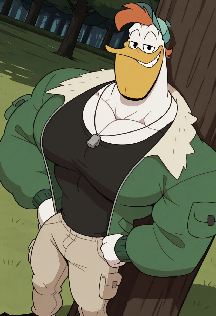 solo, 1 boy, male focus, bara, muscular, furry, male, Launchpad Mcquack. Duck, white feathers, yellow Beak, Orange hair, black eyes, duck feet, anthro, Teal cap, Green varsity Jacket, Open jacket, black tank top, necklace, beige pants, smug, sexy smile, evil smug, grin, perfect anatomy, masterpiece, perfect quality, best quality, detailed, newest, very aesthetic, muscular, detailed muscle, big pecs, Thick Pecs, juicy pecs, hyper Pecs, detailed muscle, leaning against tree, Closer against tree, outdoors, grassy, dutch angle, perfect anatomy,
