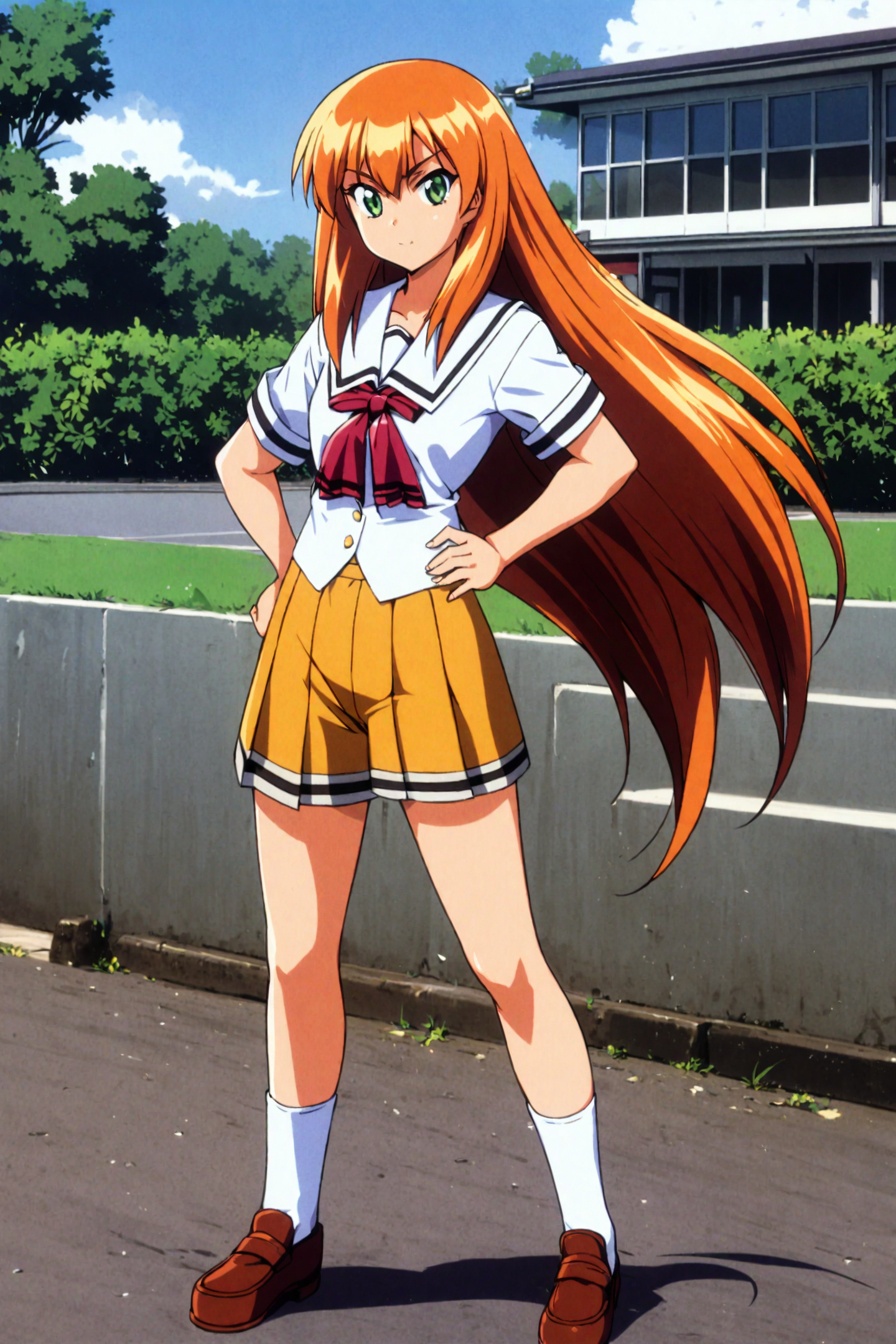 Akai Homura,1girl,solo,long hair,green eyes,shorts,very long hair,hand on hip,feet,orange hair,school uniform,outdoors,
<lora:Tokimeki Memorial 2_XL:0.8>,