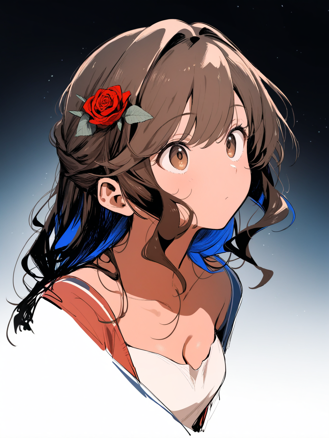 masterpiece,high score,great score,absurdres,  ., (Height, Average height for her age, likely around 5 feet 6 inches (167 cm) as an adult:1), (Build, Slim but not overly athletic, with a natural, slightly willowy frame that matches her bookish lifestyle:1), (Hair, Thick, bushy brown hair, often untamed and wild in her younger years. By the time sheâs older, she tames it somewhat, but it still retains a voluminous and wavy quality:1), (Eyes, Warm brown eyes, described as bright and intelligent, reflecting her curiosity, quick thinking, and inner passion for knowledge:1), (Skin, Fair complexion with a natural, slightly rosy undertone, giving her a healthy and youthful appearance:1),, <lora:R0k00Bl0ckB0ckgr00ndHD:1>,R0k00Bl0ckB0ckgr00ndHD, rose, black background, no humans, simple background, meticulous, monochrome, still life, greyscale, flower, gradient, red theme, blue theme, gradient background,,