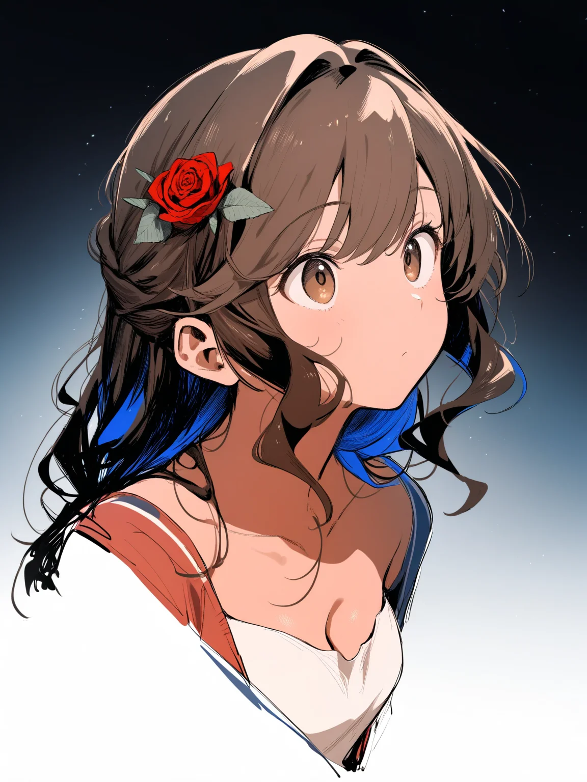 masterpiece,high score,great score,absurdres, ., (Height, Average height for her age, likely around 5 feet 6 inches (167 cm) as an adult:1), (Build, Slim but not overly athletic, with a natural, slightly willowy frame that matches her bookish lifestyle:1), (Hair, Thick, bushy brown hair, often untamed and wild in her younger years. By the time sheâs older, she tames it somewhat, but it still retains a voluminous and wavy quality:1), (Eyes, Warm brown eyes, described as bright and intelligent, reflecting her curiosity, quick thinking, and inner passion for knowledge:1), (Skin, Fair complexion with a natural, slightly rosy undertone, giving her a healthy and youthful appearance:1),, <lora:R0k00Bl0ckB0ckgr00ndHD:1>,R0k00Bl0ckB0ckgr00ndHD, rose, black background, no humans, simple background, meticulous, monochrome, still life, greyscale, flower, gradient, red theme, blue theme, gradient background,,