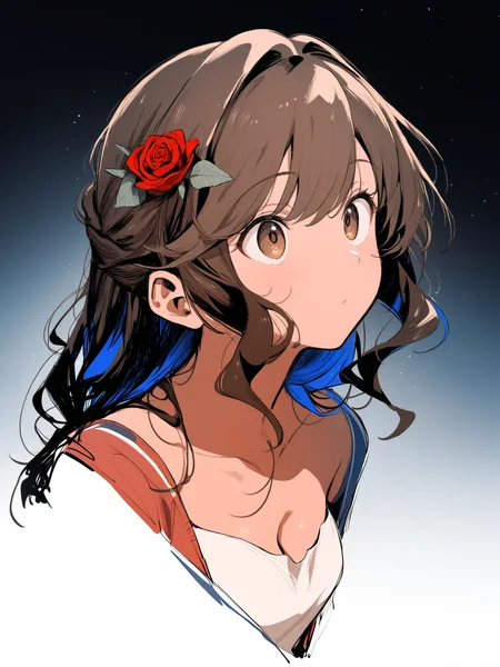 masterpiece,high score,great score,absurdres, ., (Height, Average height for her age, likely around 5 feet 6 inches (167 cm) as an adult:1), (Build, Slim but not overly athletic, with a natural, slightly willowy frame that matches her bookish lifestyle:1), (Hair, Thick, bushy brown hair, often untamed and wild in her younger years. By the time sheâs older, she tames it somewhat, but it still retains a voluminous and wavy quality:1), (Eyes, Warm brown eyes, described as bright and intelligent, reflecting her curiosity, quick thinking, and inner passion for knowledge:1), (Skin, Fair complexion with a natural, slightly rosy undertone, giving her a healthy and youthful appearance:1),, <lora:R0k00Bl0ckB0ckgr00ndHD:1>,R0k00Bl0ckB0ckgr00ndHD, rose, black background, no humans, simple background, meticulous, monochrome, still life, greyscale, flower, gradient, red theme, blue theme, gradient background,,