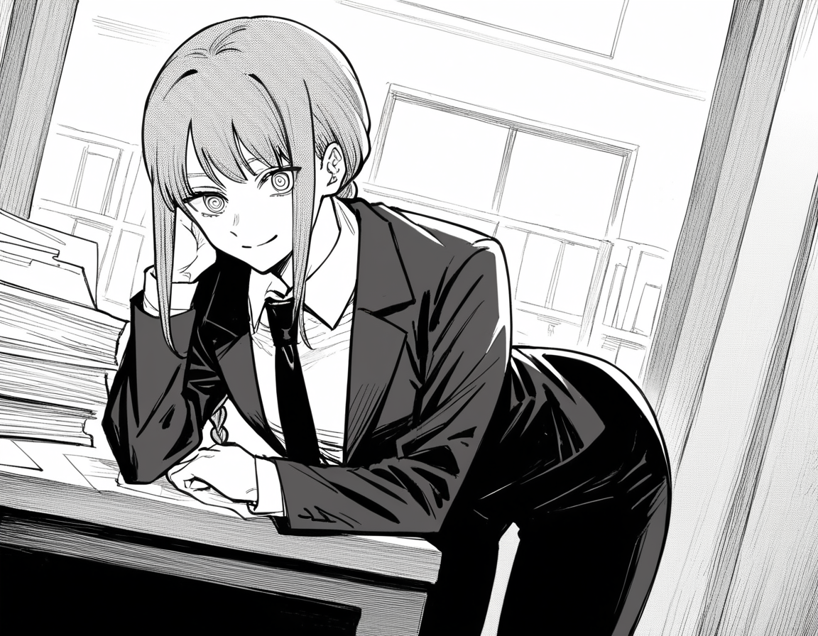 score_9, score_8_up, score_7_up, source_anime,
makima, <lora:chainsawman-makima-manga-ponyxl-lora-nochekaiser:1>,
makima, long hair, smile, bangs, braid, braided ponytail, ringed eyes, monochrome, greyscale,
shirt, long sleeves, jacket, white shirt, necktie, collared shirt, pants, black jacket, black pants, formal, suit, black necktie, shirt tucked in, office lady,
indoors, office, smile, bent over,
looking at viewer, cowboy shot, dutch angle, solo,