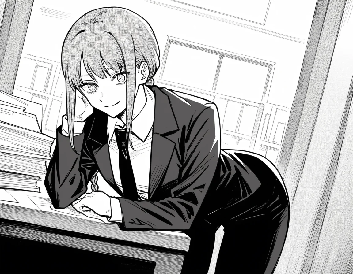 score_9, score_8_up, score_7_up, source_anime,
makima, <lora:chainsawman-makima-manga-ponyxl-lora-nochekaiser:1>,
makima, long hair, smile, bangs, braid, braided ponytail, ringed eyes, monochrome, greyscale,
shirt, long sleeves, jacket, white shirt, necktie, collared shirt, pants, black jacket, black pants, formal, suit, black necktie, shirt tucked in, office lady,
indoors, office, smile, bent over,
looking at viewer, cowboy shot, dutch angle, solo,