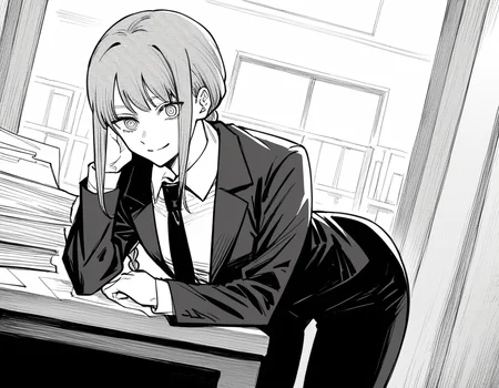 score_9, score_8_up, score_7_up, source_anime,
makima, <lora:chainsawman-makima-manga-ponyxl-lora-nochekaiser:1>,
makima, long hair, smile, bangs, braid, braided ponytail, ringed eyes, monochrome, greyscale,
shirt, long sleeves, jacket, white shirt, necktie, collared shirt, pants, black jacket, black pants, formal, suit, black necktie, shirt tucked in, office lady,
indoors, office, smile, bent over,
looking at viewer, cowboy shot, dutch angle, solo,