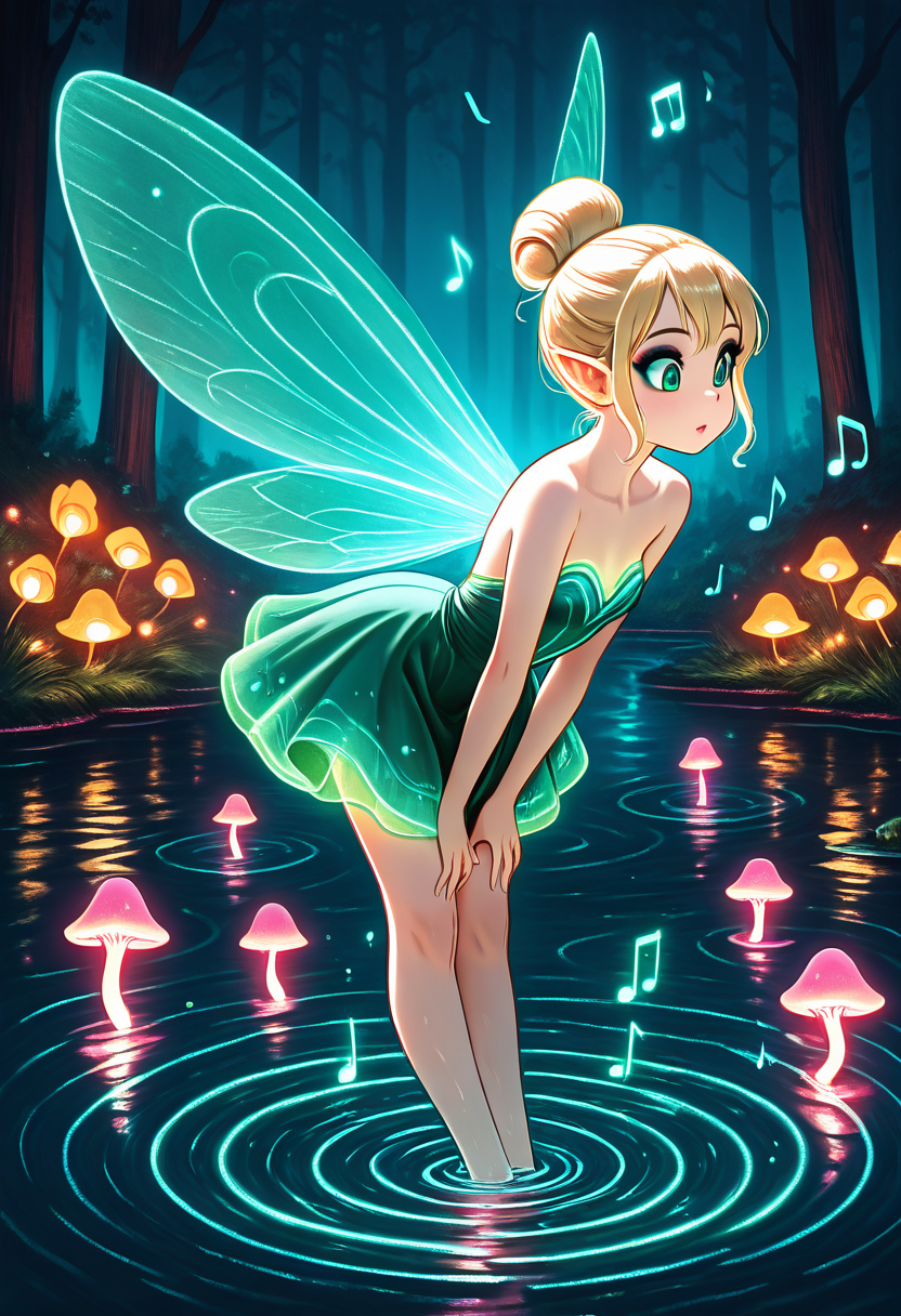 masterpiece, best quality,     <lora:AudioFileFuture_IXL_v1:1.0>,   (AdFF, ripples, magical forest, pond, music notes),    ClassicTinker, hair bun, blonde hair, green eyes, makeup, green dress, strapless dress, bare shoulders, fairy, fairy wings, forest, glowing mushrooms, sparkling lights, magical atmosphere, floating, (leaning forward, foreshortening).<lora:ClassicTinkerBellIllustrious:0.6>,