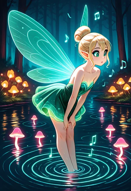 masterpiece, best quality,     <lora:AudioFileFuture_IXL_v1:1.0>,   (AdFF, ripples, magical forest, pond, music notes),    ClassicTinker, hair bun, blonde hair, green eyes, makeup, green dress, strapless dress, bare shoulders, fairy, fairy wings, forest, glowing mushrooms, sparkling lights, magical atmosphere, floating, (leaning forward, foreshortening).<lora:ClassicTinkerBellIllustrious:0.6>,