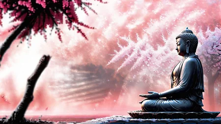 A serene Buddha statue surrounded by cherry blossom trees <lora:bBackground:1.3>