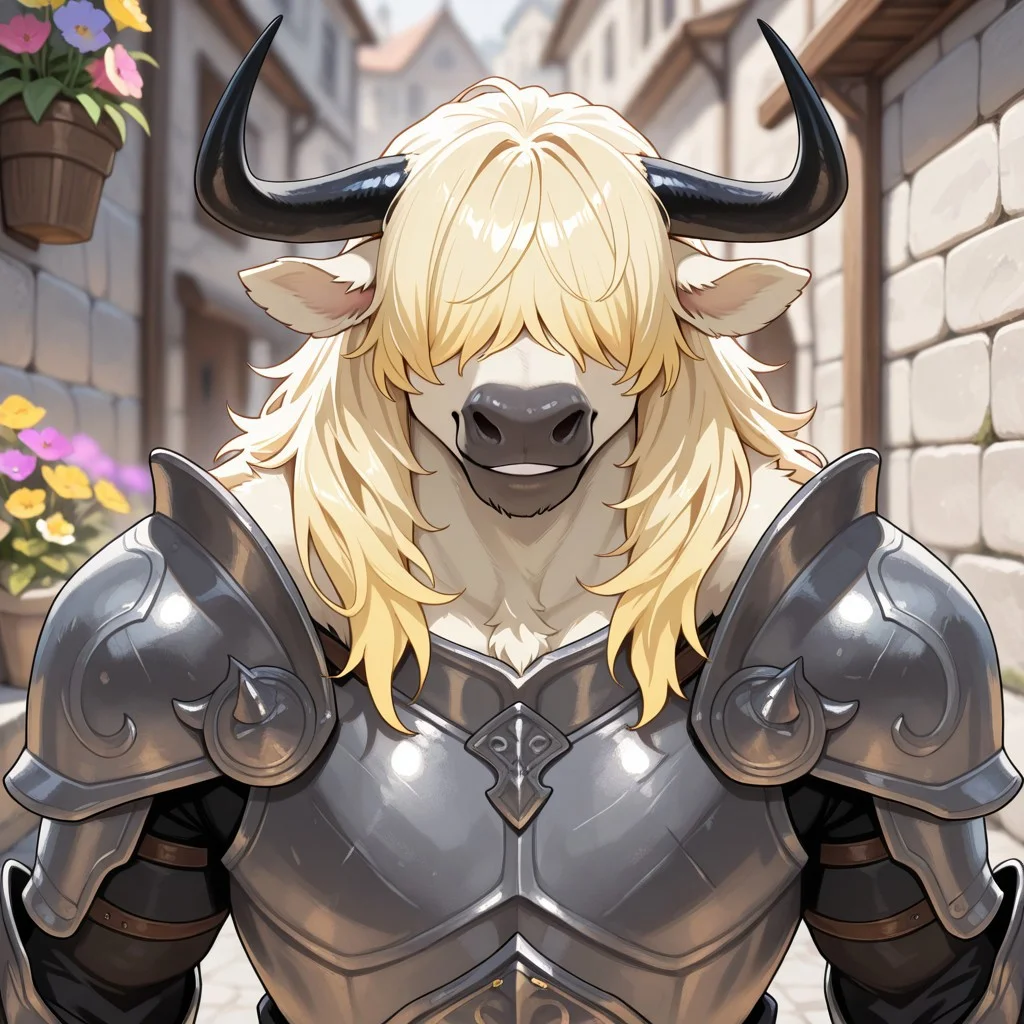 masterpiece, best quality, amazing quality, very aesthetic, solo,
minotaur, furry,
1 boy, male focus, pale yellow skin, pale yellow hair, hair over eyes, black horns, armor,
(looking at viewer:1.2), smiling,
street, stone wall, flower pots, fantasy background, blurred background,