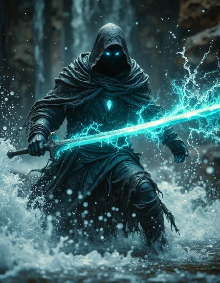 highly detailed magical cinematic scene, Dark, tattered and torn hooded figure with long cape wielding glowing colossal and long blue sword amidst cascading water. two glowing magical eyes visible through his hood. Powerful, dynamic pose engaging in a dramatic action scene. Figure shrouded in deep, nearly black, tattered cloak, exuding a mysterious and intense mood. The sword, vibrant turquoise, bursts with ethereal energy, radiating light through the water. Water splashes and sprays dramatically around the figure, creating a forceful and evocative mist-filled background. Mid-action portrayal; colossal sword held in motion with implied movement. Dramatic lighting highlights the figure and sword, emphasizing their presence and power. Water's texture suggests forceful motion, contrasted with smooth dark surface of figure's clothing. Epic fantasy style, evocative of cinematic action sequences. Atmospheric and heroic feeling enhanced by the dark and dramatic lighting and water features; a strong sense of adventure and danger pervades the image, shallow depth of field, vignette, highly detailed, bokeh, moody, epic, gorgeous, film grain, grainy, HKMagic, <lora:Dever_Flux_Enhancer:0.3>, <lora:FantasyWizardWitchesFluxV2-000001:0.7>, <lora:aura_v2_beta2:0.3>, <lora:Elden_Ring_-_Yoshitaka_Amano:0.4>