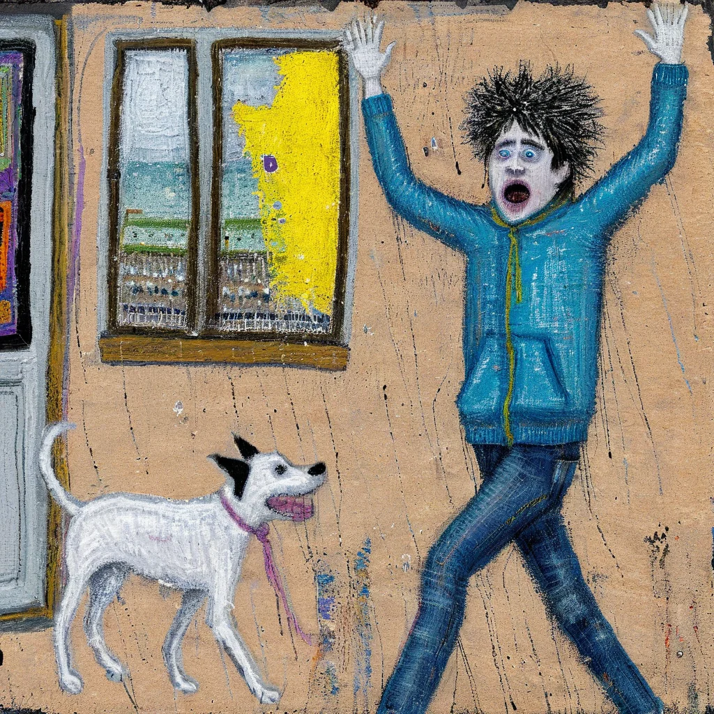 (masterpiece), (best quality), (ultra-detailed), low quality,jpeg artifacts,blurry,poorly drawn,ugly,worst quality,art brut, outsider art, a man walking to the store, waving the corpse of a dog around in the air, screaming, paranoia, illustration, disheveled hair, detailed eyes, perfect composition, moist skin, intricate details, earrings, by wlop