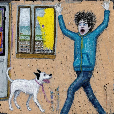 (masterpiece), (best quality), (ultra-detailed), low quality,jpeg artifacts,blurry,poorly drawn,ugly,worst quality,art brut, outsider art, a man walking to the store, waving the corpse of a dog around in the air, screaming, paranoia, illustration, disheveled hair, detailed eyes, perfect composition, moist skin, intricate details, earrings, by wlop