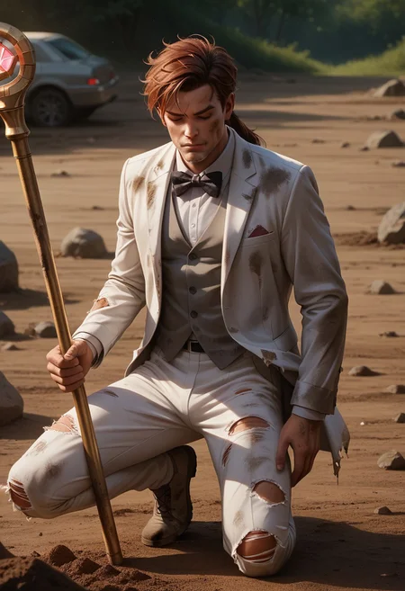 Dsk_Remy_Lebeau, 1boy, auburn hair, closed eyes, facial hair, bow, bowtie, formal, jacket, long sleeves, male focus, one knee, pants, ponytail, scarf, shirt, solo, suit, torn clothes, white pants, white shirt, white suit, holding, holding bo staff, outdoors, dirt, dust, studio photography, detailed eyes, detailed skin, textured skin, specular highlights, side lighting, extreme light and shadow, cinematic lighting, cinematic angle, score_9, score_8_up, score_7_up, score_6_up, score_5_up, score_4_up,