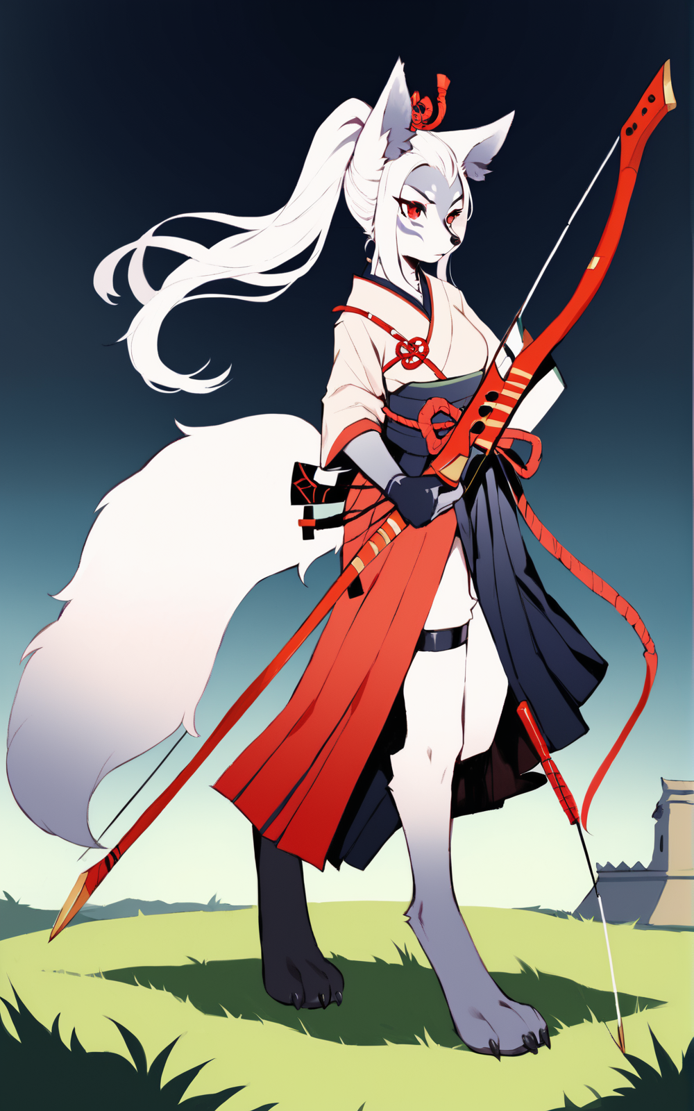 score_9, score_8_up, score_7_up,((best quality)), absurdres,((full body)),  <lora:3d-2d:0.8>,  <lora:HakuroPXL:0.8>,HakuroPXL,bow \(weapon\),holding bow \(weapon\), furry,furry female, animal ears, tail, body fur, quiver, hakama, long hair, fox girl,fox tail, fox ears, japanese clothes, animal feet,animal nose, red eyes,  hakama skirt, white hair, gloves, skirt, side slit, ponytail, white fur,muneate,partially fingerless gloves, claws, thigh strap, archery, black hakama,temple,grass field,standing