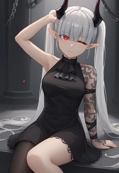 1girl, solo, tehepero, dojikko pose, one eye closed, arm up, hand up, head tilt, chained_sarkaz_girl, black dress, single leg pantyhose, asymmetrical clothes, patterned clothes, single sleeve, black sock, kneehigh, black footwear, high heels, black ascot, hair over eyes, eyes visible through hair, demon horns, blunt bangs, red eyes, pointy ears, pale skin, white hair, grey hair, twintails