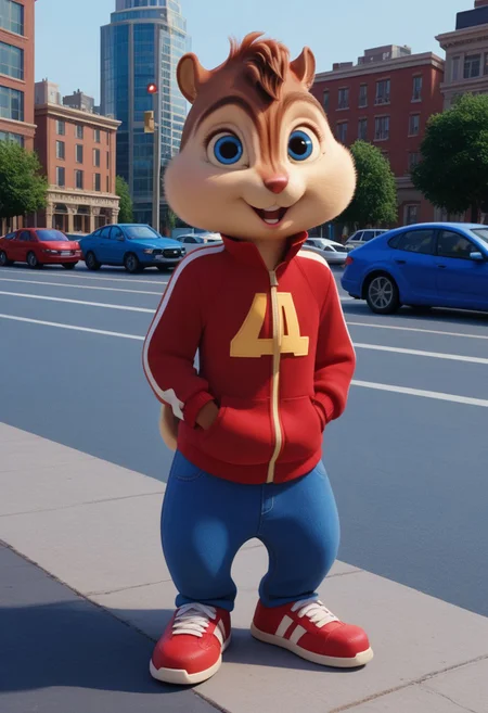 Score_9, score_8_up, score_7_up, source_furry, Alvin Seville, chipmunk, chipmunk male, furry male, furry, 3d, render, movie screencap, blue eyes, red track suit jacket , blue jeans, sneakers, tail, hands in pockets, New York, City, buildings, streets, sidewalk, standing , looking at viewer, <lora:Alvin _Seville __Alvin_and_the_Chipmunks__CG_Movie_version:0.8>