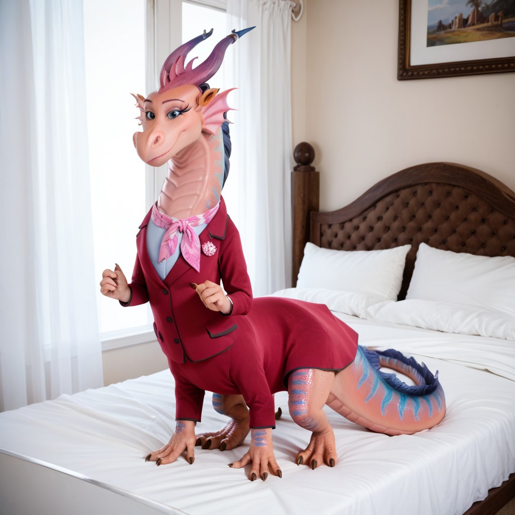 score_9, score_8_up, score_7_up, score_6_up, score_5_up, score_4_up, masterpiece, high quality, realistic, detailed, best quality, white bed, solo, rating_safe, source_furry, bedroom, smiling, seductive, looking at viewer, on bed, full body, close up, babe_luck, ear ruffs, dragon, ((taur, four hands)), pink scales, horns, tail, claws, female, 1girl, teal eyes, earrings, business suit, scarf, feral