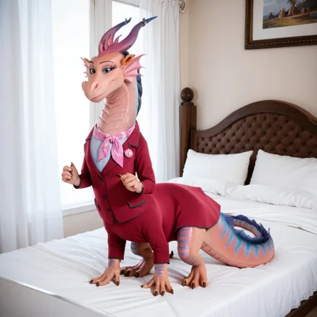 score_9, score_8_up, score_7_up, score_6_up, score_5_up, score_4_up, masterpiece, high quality, realistic, detailed, best quality, white bed, solo, rating_safe, source_furry, bedroom, smiling, seductive, looking at viewer, on bed, full body, close up, babe_luck, ear ruffs, dragon, ((taur, four hands)), pink scales, horns, tail, claws, female, 1girl, teal eyes, earrings, business suit, scarf, feral