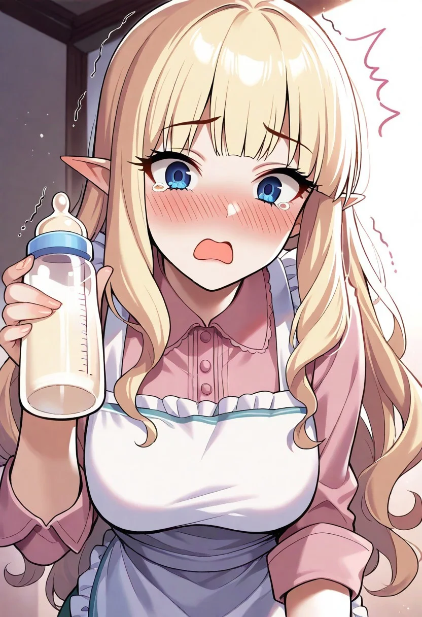 1girl, solo, mature female, saren \(princess connect!\), blue eyes, elf_ears, blush, flustered, surprised, tearing_up, open mouth, holding a bottle, baby bottle, shaking bottle, looking at viewer, pink blouse, white apron, frilled apron, upper_body, leaning_forward, from below, masterpiece, best quality, very aesthetic