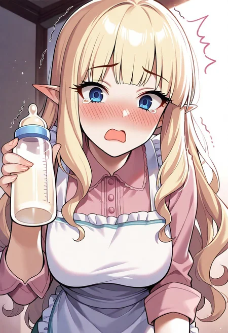 1girl, solo, mature female, saren \(princess connect!\), blue eyes, elf_ears, blush, flustered, surprised, tearing_up, open mouth, holding a bottle, baby bottle, shaking bottle, looking at viewer, pink blouse, white apron, frilled apron, upper_body, leaning_forward, from below, masterpiece, best quality, very aesthetic