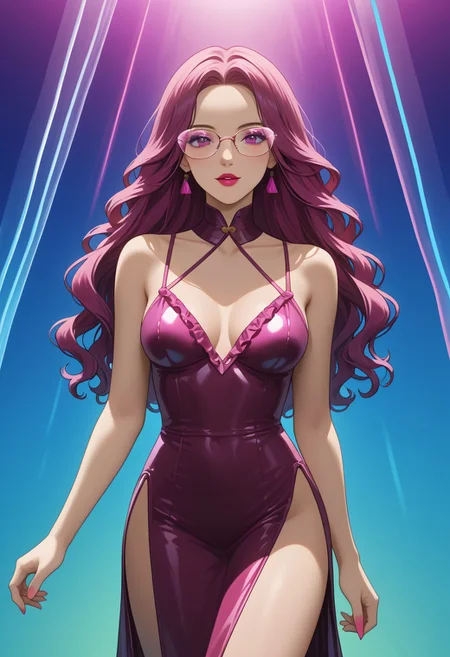 Black and magenta color scheme, erotic, 1girl made of neon filaments, marionette , flowing dress made of tiny neon glass filaments,, glasses, long flowing hair made of neon filaments, tempting the viewer, erotic, hanging from neon filaments strings