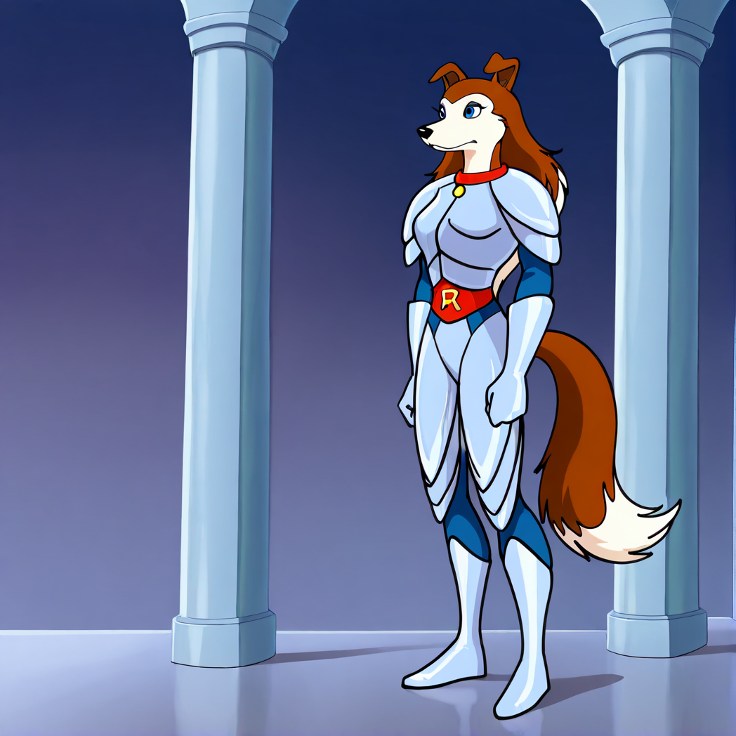 <lora:colleenillustrious:1>,(masterpiece), (best quality), (ultra-detailed), amazing quality, very aesthetic, illustration, perfect composition, intricate details, absurdres, incredibly absurdres, 1girlsolo, animal ears, standing, tail, full body, boots, armor, collar, no humans, dog ears, dog, dog tail, dog girl, colleen, blue eyes, two-tone hair, two-tone fur, furry, furry female, long hair
