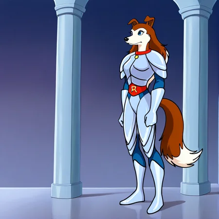 <lora:colleenillustrious:1>,(masterpiece), (best quality), (ultra-detailed), amazing quality, very aesthetic, illustration, perfect composition, intricate details, absurdres, incredibly absurdres, 1girlsolo, animal ears, standing, tail, full body, boots, armor, collar, no humans, dog ears, dog, dog tail, dog girl, colleen, blue eyes, two-tone hair, two-tone fur, furry, furry female, long hair