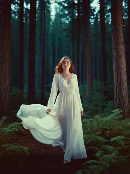 Analog photo of a woman looking like Daisy_Carmichael_P_MXAI_SDXL walking through a dreamlike mystical forest at night, wearing a flowing white dress, cinematic shot