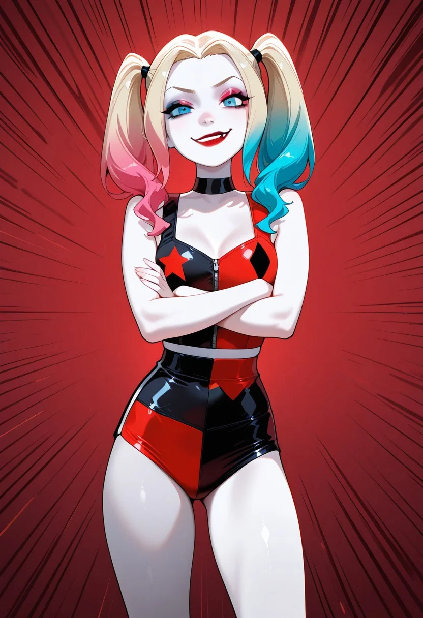 imtdharley2019, girl, blonde hair, multicolored hair, twintails, makeup, blue eyes, lipstick, blue hair, pink hair, pale skin, gradient hair, eyeshadow, red lips,
BREAK,
arms crossed, legs slightly apart, smirk, confident, looking at viewer,
BREAK,
cards background, 
BREAK,