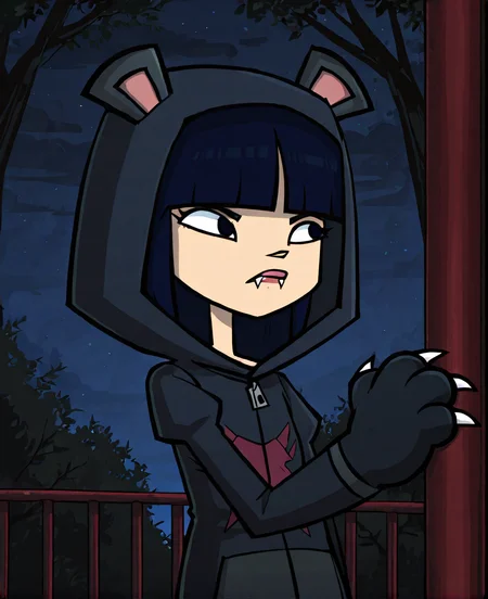 masterpiece, absurd res, highest quality, 4k, <lora:Debbiekangillustrious:1>, debbie kang, 1girl, solo, outside, trees, night time, animal hood, black hair, animal ears, hood, fangs, claws, hood up, animal hands, dark blue hair, bangs, blunt bangs, lips