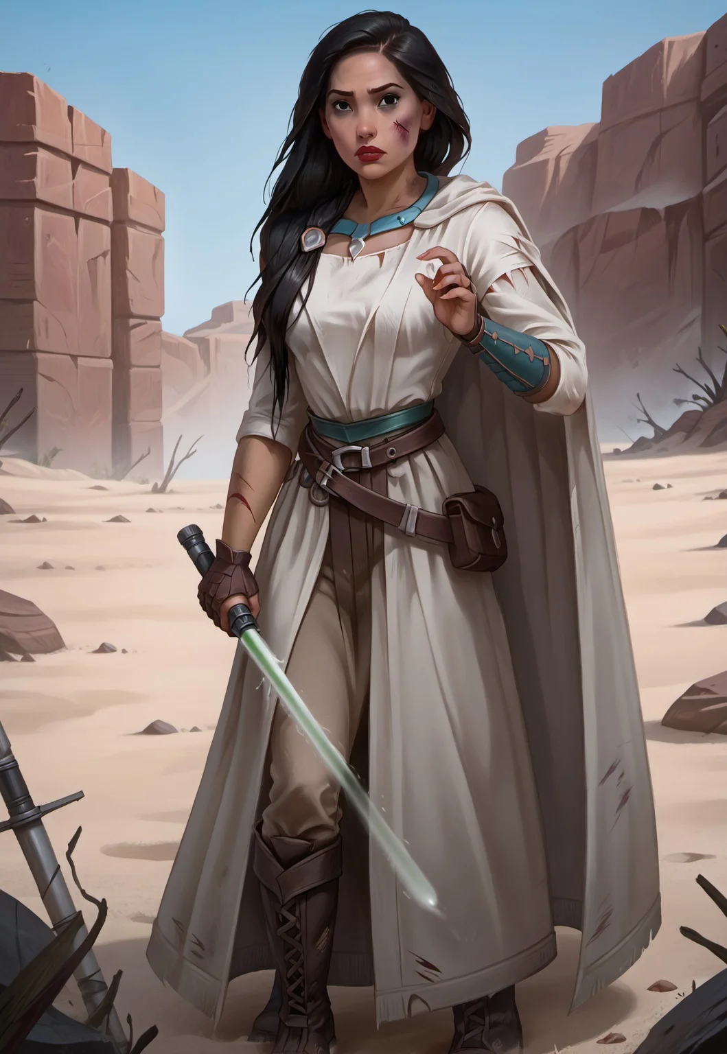 safe_pos, ((zPDXL3)), OZRN, digital art, score_9,score_8_up,score_7_up,score_6_up, face focus, waist-up portrait, absurdres, masterpiece, high res, detailed,
1girl, solo, (((DisneyPocahontas, 1girl, black hair, black eyes, long hair, dark skin))), (d4rkr3v4n4rm0r, white robe, cape, hood down, breastplate, gauntlets, belt, pants, belt boots), (holding lightsaber, green lightsaber), calm expression, makeup, beautiful woman, action pose,
BattleDamage, cuts, bruises,
in danger, distressed, alarmed, (combat stance),
dramatic, danger, dutch angle, dof, sand desert background, perfect, Hand, detailed, perfection, hands,
<lora:bastilashan:1> <lora:Battle_Damage:0.3> <lora:hand 4:0.5>