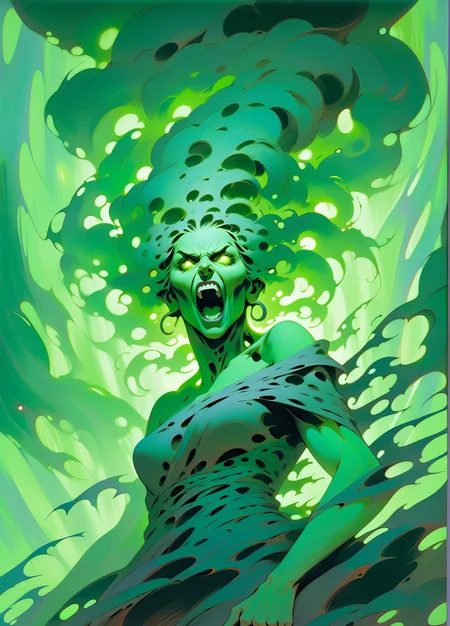 black elder druid woman, an epic dramatic catastrophic image of a tornado of desperate souls, in motion, soft acid green light, austere, portrait