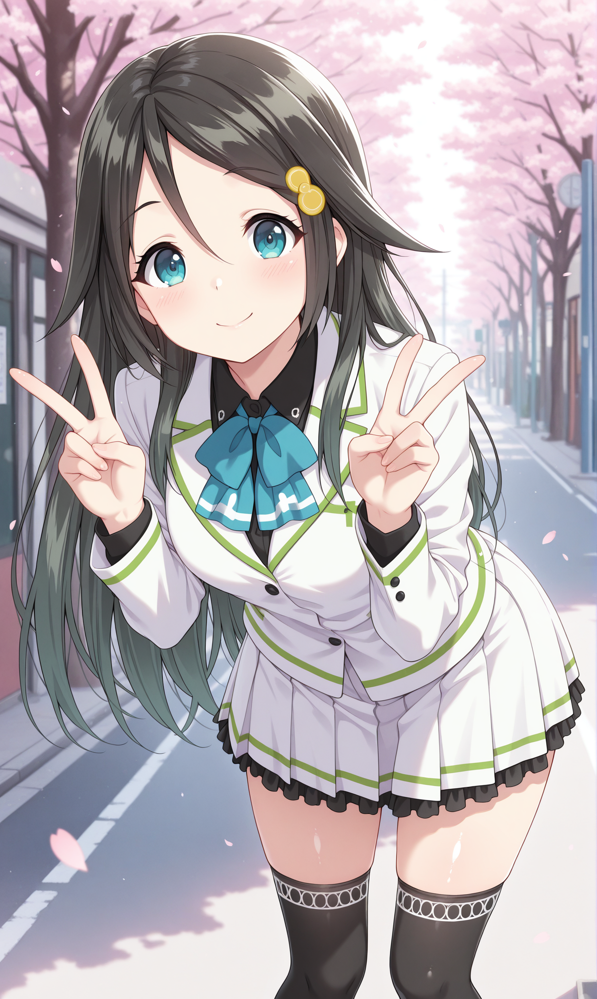 1girl, solo, masterpiece, best quality, amazing quality, street, cherry blossoms, shiny skin, looking at viewer,  <lora:izumi_reina_illust_scarxzys:1>, izumi reina, blue eyes, black hair, long hair, parted bangs, hair ornament, school uniform, white jacket, blue bowtie, long sleeves,  black shirt, white skirt, pleated skirt, frilled skirt, frills, black thighhighs, smile, leaning forward, double v,